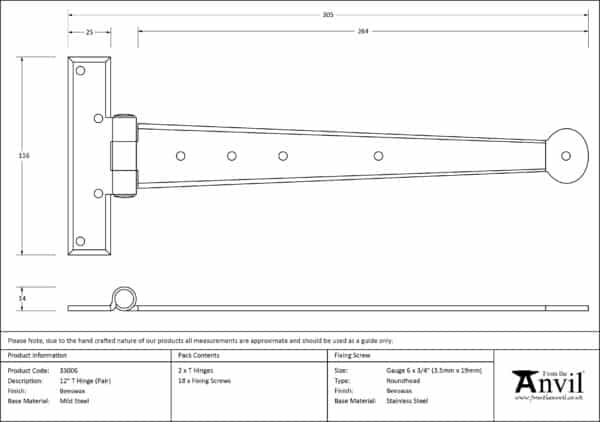 Beeswax 12" Penny End T Hinge (pair) 3