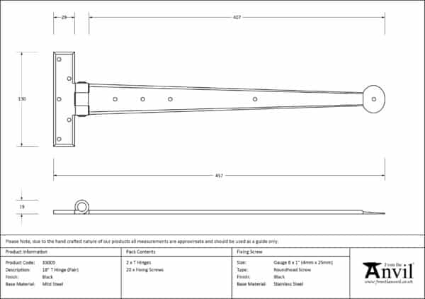 Black 18" Penny End T Hinge (pair) 3