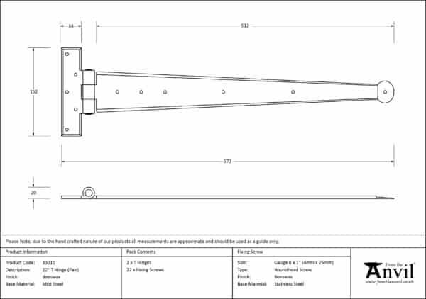 Beeswax 22" Penny End T Hinge (pair) 3