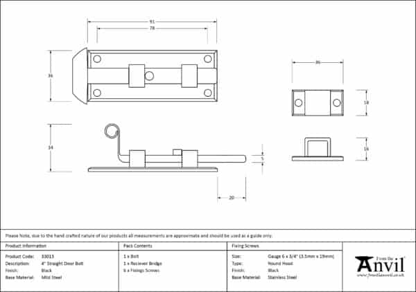 Black 4" Straight Door Bolt 3