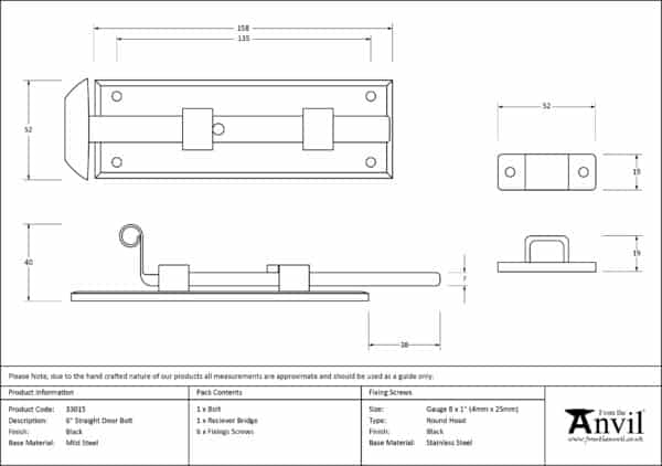 Black 6" Straight Door Bolt 3