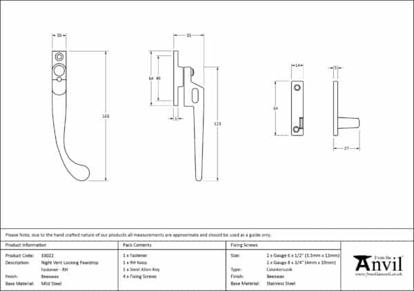 Beeswax Night-Vent Locking Peardrop Fastener - RH 3