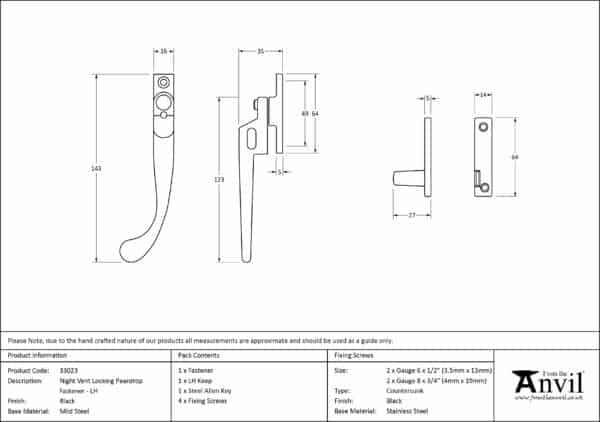 Black Night-Vent Locking Peardrop Fastener - LH 3