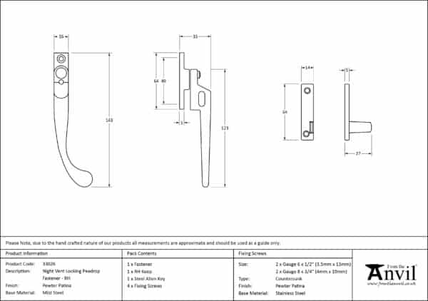 Pewter Night-Vent Locking Peardrop Fastener - RH 3