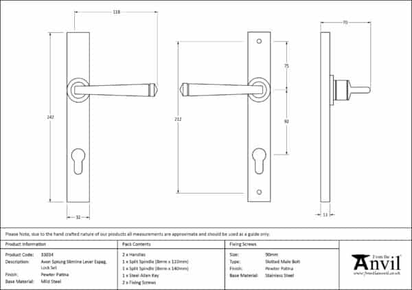 Pewter Avon Slimline Lever Espag. Lock Set 3