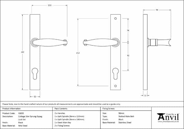 Black Cottage Slimline Lever Espag. Lock Set 3