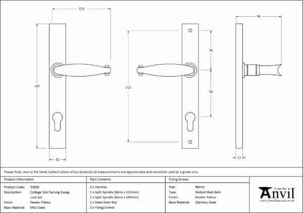 Pewter Cottage Slimline Lever Espag. Lock Set 3