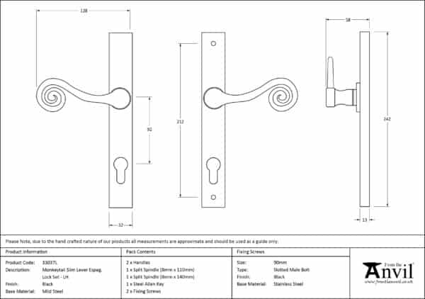 Black Monkeytail Slimline Lever Espag. Lock Set - LH 3