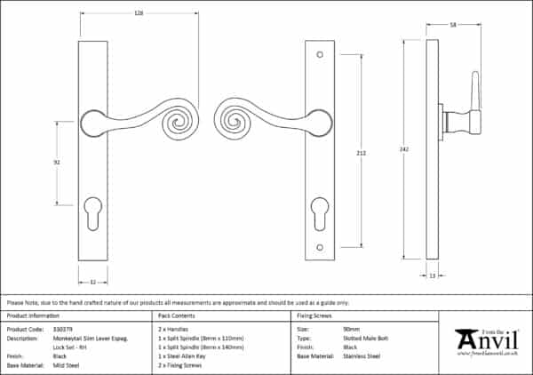 Black Monkeytail Slimline Lever Espag. Lock Set - RH 3