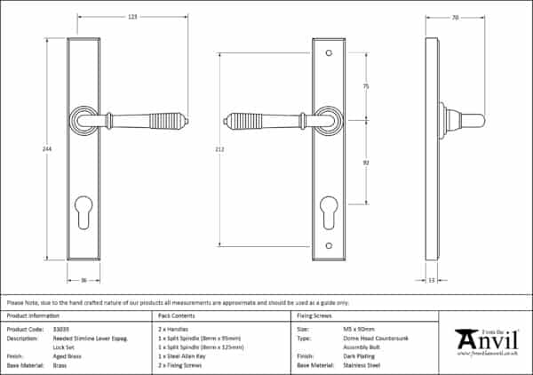 Aged Brass Reeded Slimline Lever Espag. Lock Set 3