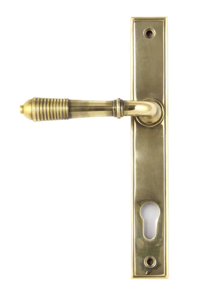 Aged Brass Reeded Slimline Lever Espag. Lock Set 1