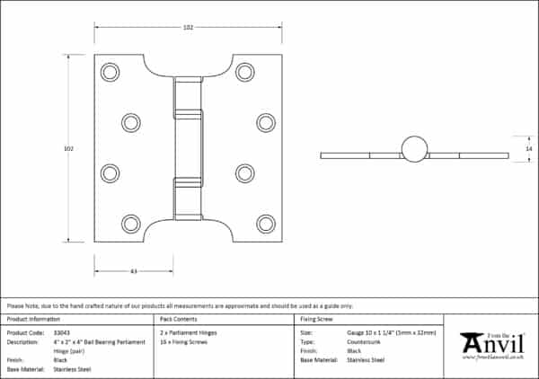 Black 4" x 2" x 4"Parliament Hinge (pair) ss 3