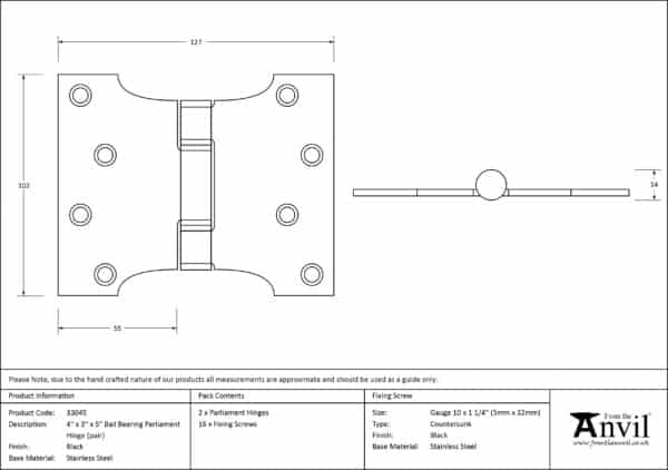 Black 4" x 3" x 5" Parliament Hinge (pair) ss 2