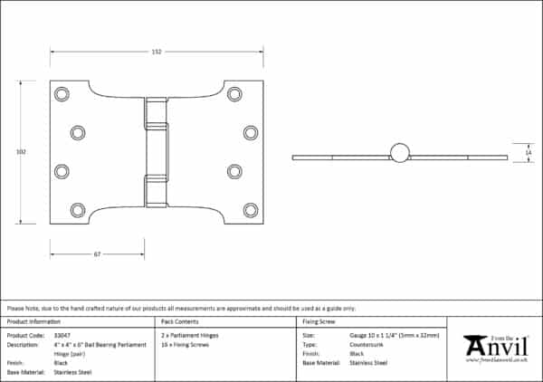 Black 4" x 4" x 6" Parliament Hinge (pair) ss 3