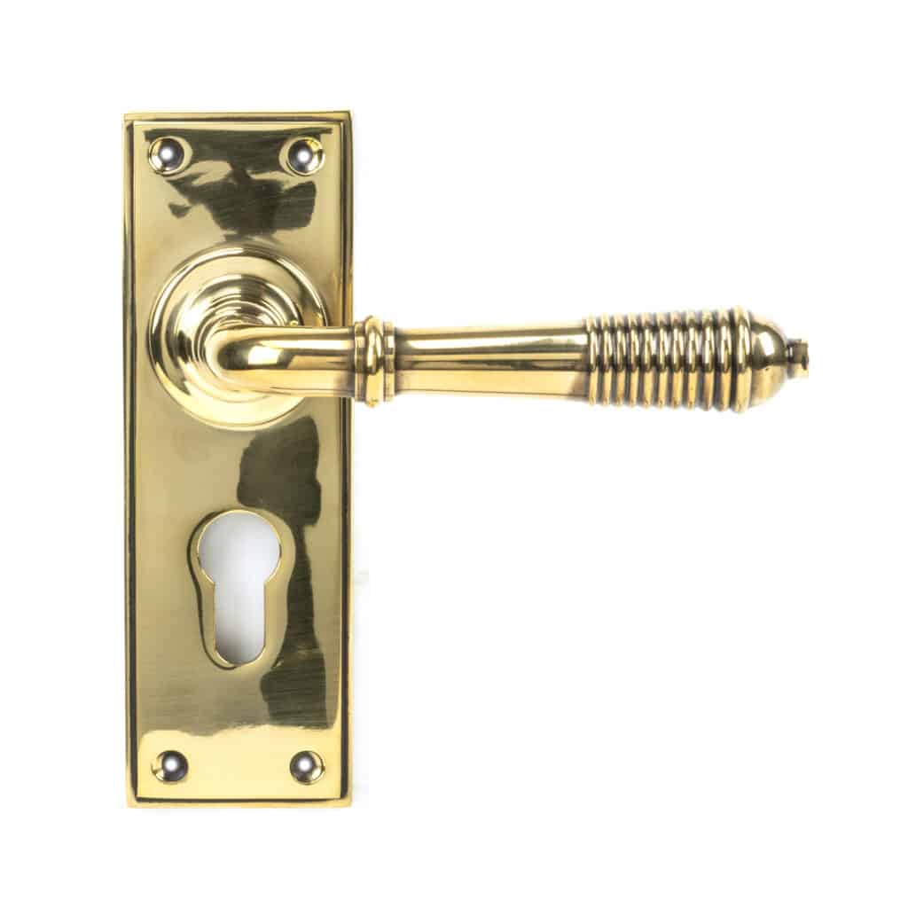 Aged Brass Reeded Lever Euro Lock Set 1