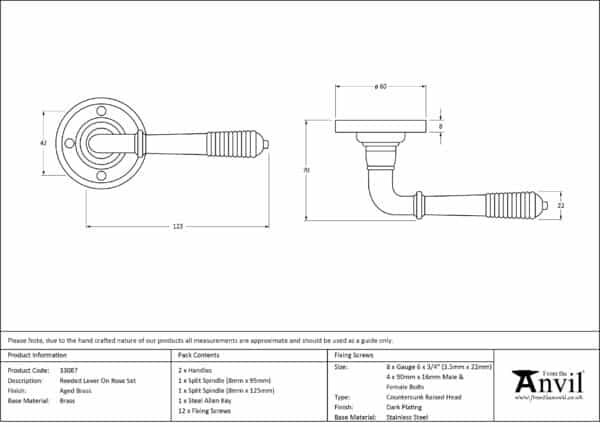 Aged Brass Reeded Lever on Rose Set 3