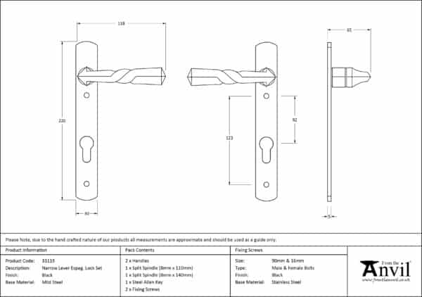 Black Narrow Lever Espag. Lock Set 2