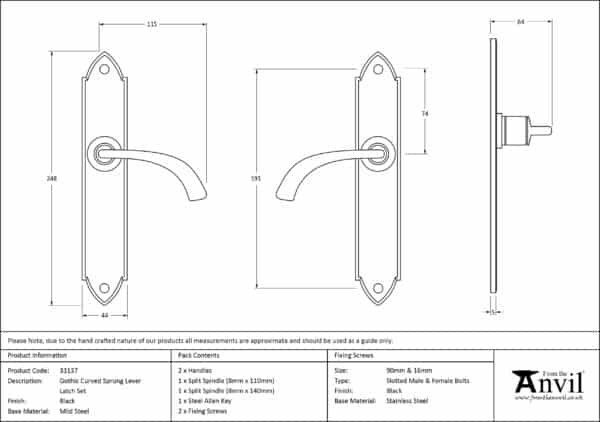 Black Gothic Curved Sprung Lever Latch Set 2