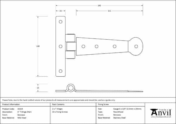 Beeswax 6" Penny End T Hinge (pair) 3