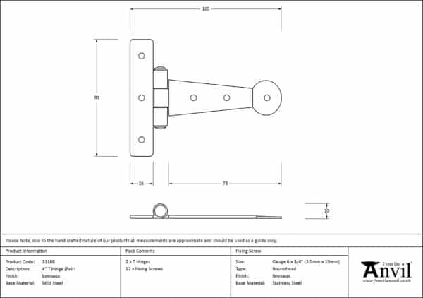 Beeswax 4" Penny End T Hinge (pair) 3