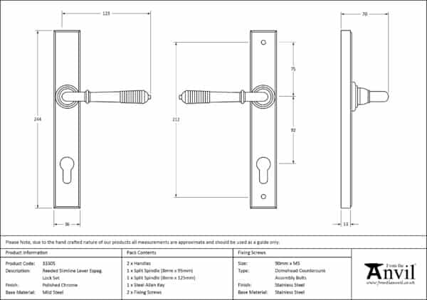 Polished Chrome Reeded Slimline Lever Espag. Lock Set 3