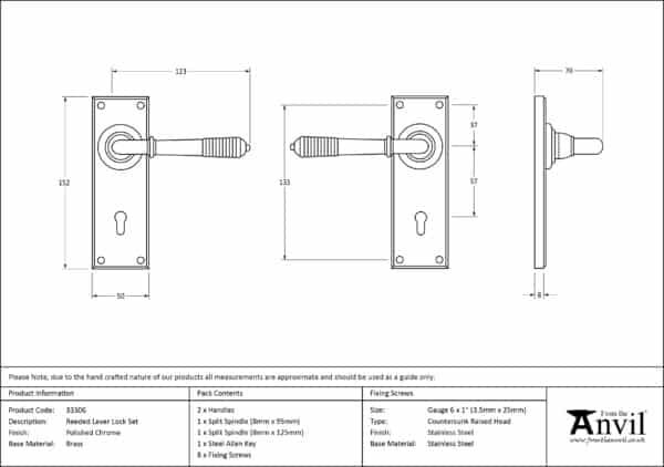 Polished Chrome Reeded Lever Lock Set 3