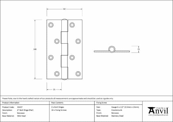 Beeswax 4" Butt Hinge (pair) 2