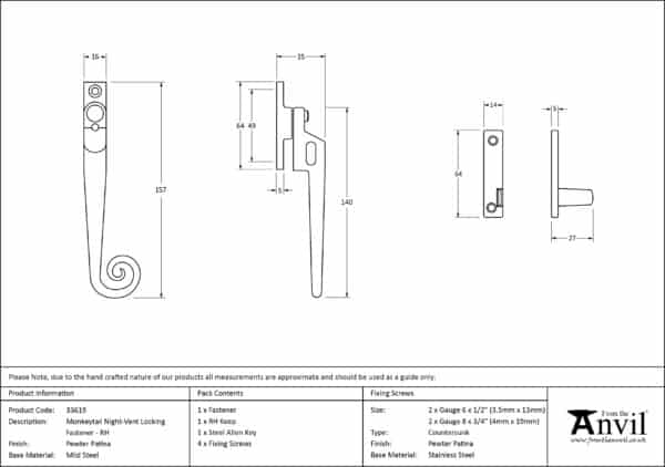 Pewter Locking Night-Vent Monkeytail Fastener - RH 3