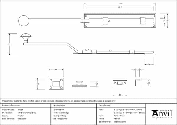 Pewter 10" French Door Bolt 3