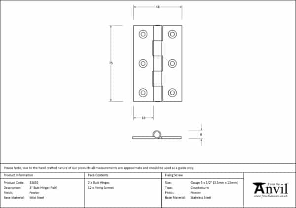 Pewter 3" Butt Hinge (pair) 2