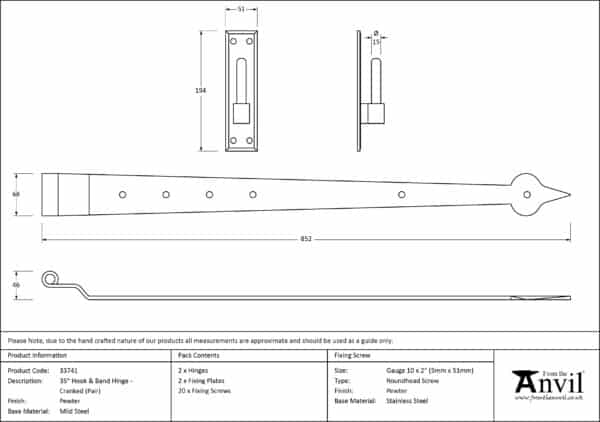 Pewter 35" Hook & Band Hinge - Cranked (pair) 3