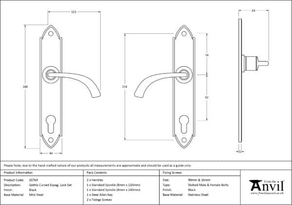 Black Gothic Curved Lever Espag. Lock Set 2