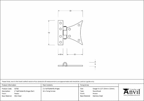 Pewter 2" Half Butterfly Hinge (pair) 3