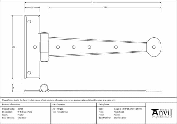 Pewter 9" Penny End T Hinge (pair) 3