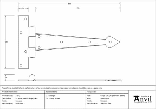 Beeswax 9" Arrow Head T Hinge (pair) 2