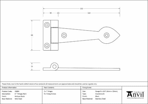 Black Textured 6" Cast T Hinge (pair) 3