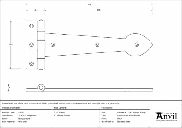 Black Textured 10Â½" Cast T Hinge (pair) 3