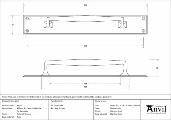 Polished Chrome 425mm Art Deco Pull Handle on Backplate 3