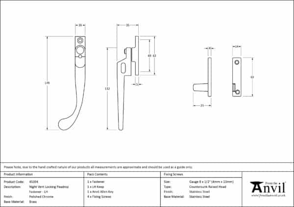 Polished Chrome Night-Vent Locking Peardrop Fastener - LH 3