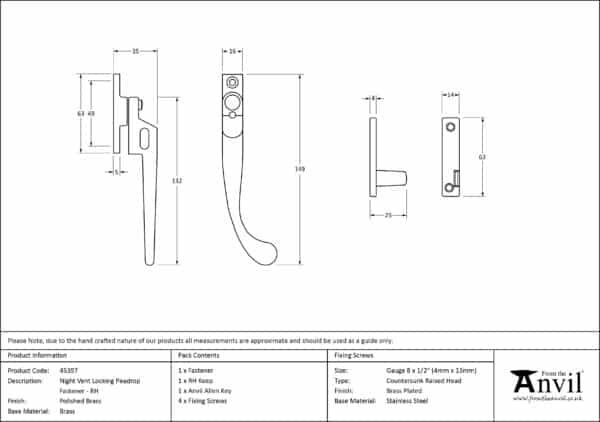 Polished Brass Night-Vent Locking Peardrop Fastener - RH 3