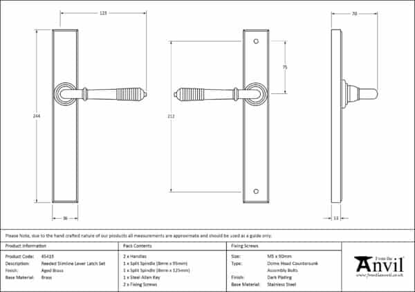 Aged Brass Reeded Slimline Lever Latch Set 3