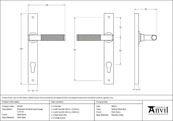 Matt Black Brompton Slimline Lever Espag. Lock Set 3