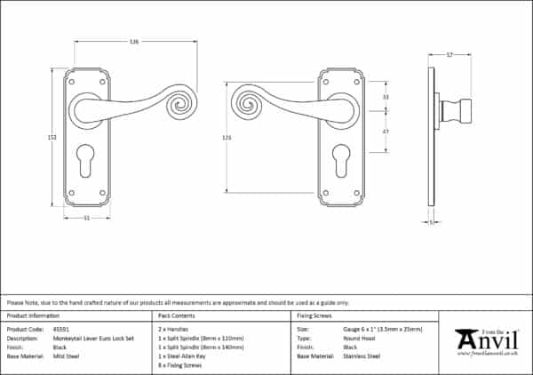 Black Monkeytail Lever Euro Lock Set 3