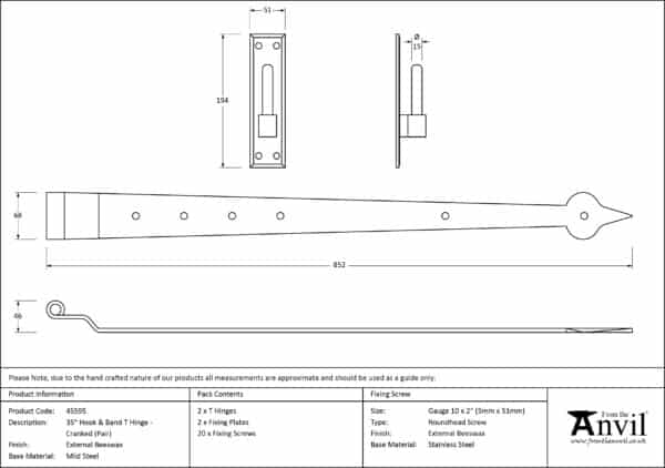 External Beeswax 35" Hook & Band Hinge - Cranked (pair) 3