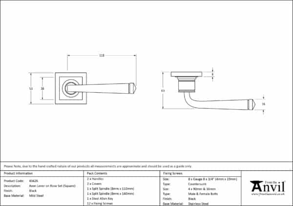 Black Avon Round Lever on Rose Set (Square) 3