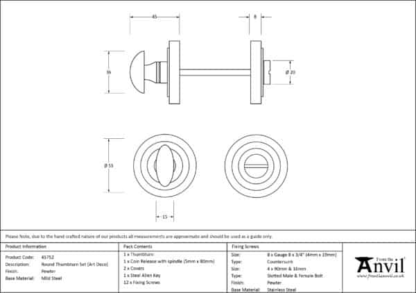 Pewter Round Thumbturn Set (Art Deco) 3