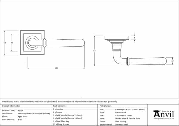 Aged Brass Newbury Lever on Rose Set (Square) 2