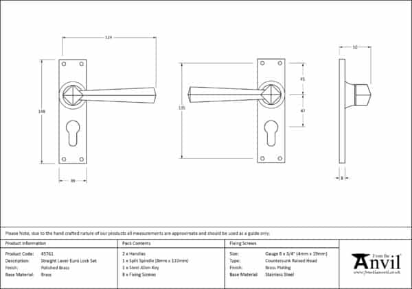 Polished Brass Straight Lever Euro Lock Set 3