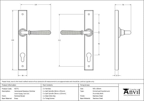 Polished Nickel Hammered Newbury Slimline Espag. Lock Set 3