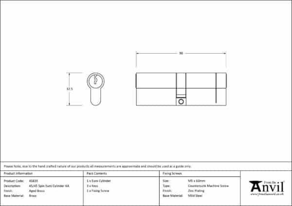 Aged Brass 45/45 5pin Euro Cylinder KA 3